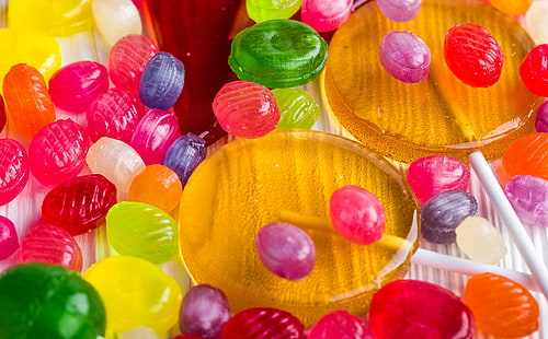 Caramelos de piruletas de colores, comida y bebida, coloridos, frutas, dulces, dulces, deliciosos, postres, piruletas, multicolores, sabores, dulces, Fondo de pantalla HD HD wallpaper