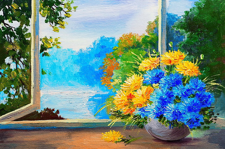 flores azuis e amarelas em vaso perto de pintura de janela, árvores, paisagem, flores, pintura, figura, vista, buquê, janela, vaso, peitoril, HD papel de parede