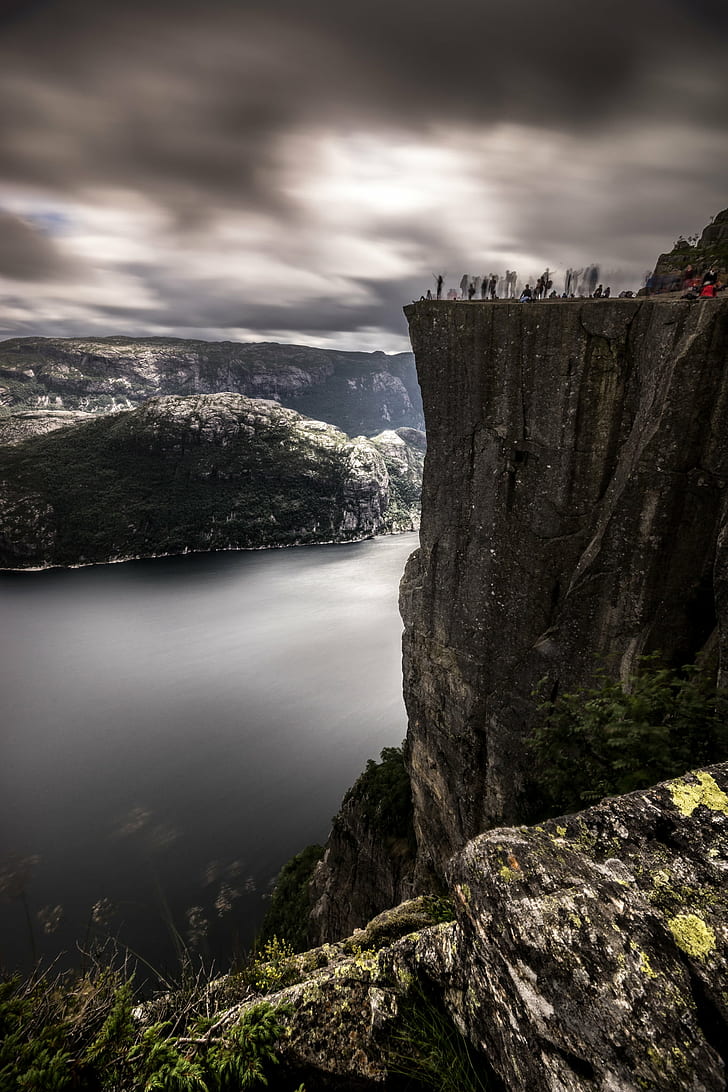 group taking photo near cliff at cloudy day, preikestolen, norway, preikestolen, norway, Preikestolen, pulpit rock, Norway, Landscape photography, group, cliff, cloudy, day, a7, backlight, by the sea, clouds, contrast, europe, full frame, geotagged, hiking, landscape, light, long exposure, motion, nature, outdoor, people, photo, photography, sea, sky, sony a7, fe, travel, ultra, portfolio, rock - Object, mountain, outdoors, HD wallpaper