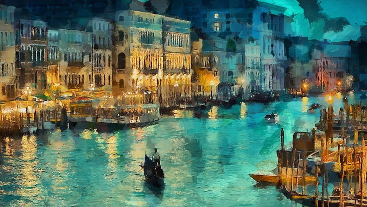 Гранд канал, живопис във Венеция, Венеция, Италия, гондоли, живопис, HD тапет