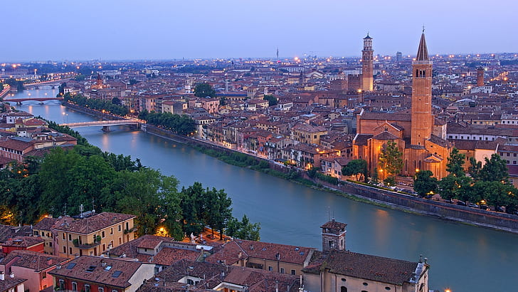 Werona, Włochy, rzeka Adige, domy miejskie, mosty, Werona, Włochy, Adyga, rzeka, miasto, domy, mosty, Tapety HD