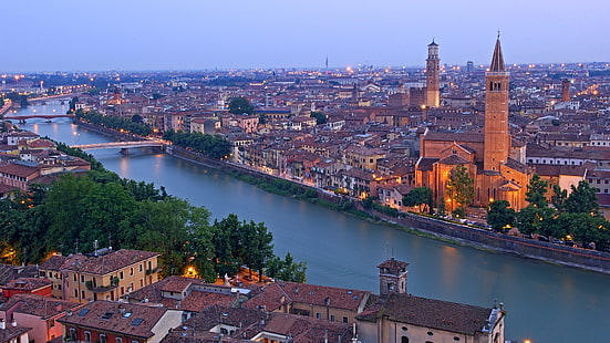 Верона, Италия, река Адидже, градски къщи, мостове, Верона, Италия, Адидже, река, град, къщи, мостове, HD тапет HD wallpaper