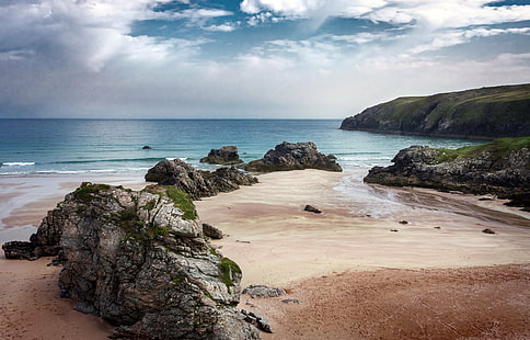 海岸の風景、ビーチ、海岸、風景、ベイ、ダーネス、スコットランド、岩、砂、雲、大西洋、サンゴ、海、海岸線、自然、岩-オブジェクト、風景、 HDデスクトップの壁紙 HD wallpaper