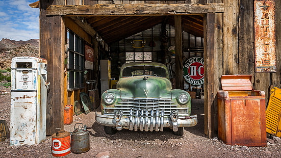 eski model araba, antika araba, klasik araba, benzin istasyonu, HD masaüstü duvar kağıdı HD wallpaper