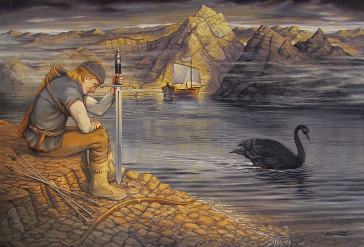 painting, swan, river, sword, bow and arrow, boat, The Lord of the Rings, HD wallpaper