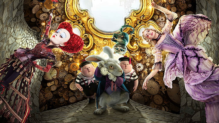 Alice in Wonderland digital wallpaper, Alice Through the Looking Glass, rabbit, red queen, best movies of 2016, HD wallpaper