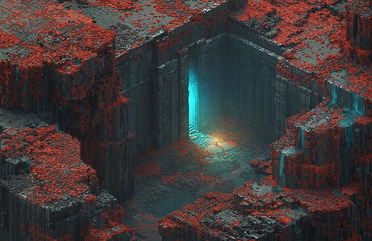 Voxel, digital, isometrisch, Tempel, Ruinen, Mari K, HD-Hintergrundbild