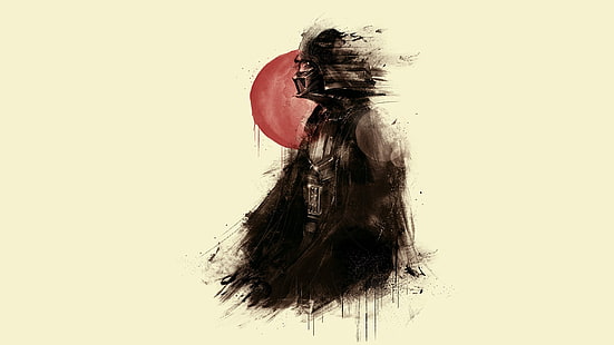 Illustrazione di Star Wars Darth Vader, samurai nero illustrazione, Star Wars, Darth Vader, sole rosso, Giappone, pittura, rosso, opere d'arte, Sith, sfondo semplice, minimalismo, fantasy art, fan art, Sfondo HD HD wallpaper