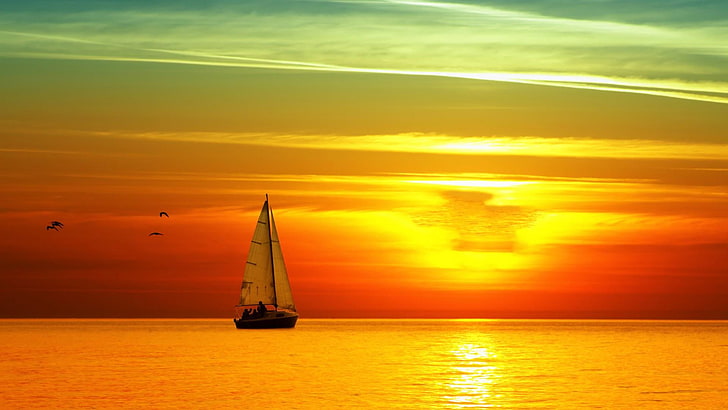 horyzont, niebo, poświata, spokój, zachód słońca, morze, słońce, żaglówka, łódź, woda, ocean, wieczór, światło słoneczne, Tapety HD