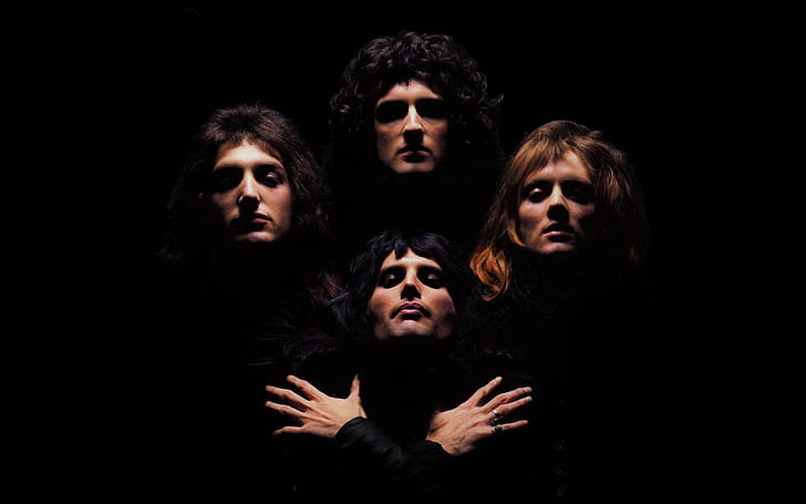 Musiker Freddie Quecksilber Freddy Quecksilber Brian kann Roger Taylor John Diakon Männer Königin Musik Band schwarzem Hintergrund Album deckt Bohemian Rhapsody, HD-Hintergrundbild