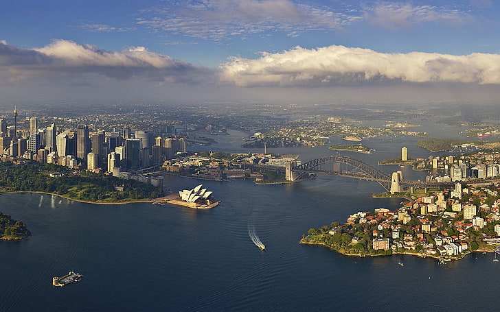 シドニーオペラハウス、シドニー、都市、都市の景観、橋、港、 HDデスクトップの壁紙
