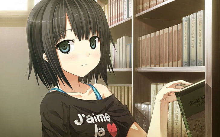 illustration de personnage animé aux cheveux noirs, fille, anime, livres, bibliothèque, Fond d'écran HD