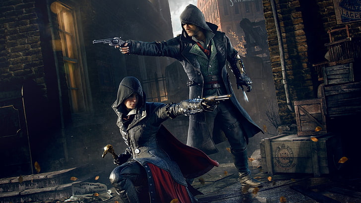 male and female holding gun wallpaper, Assassin's Creed Syndicate, video games, Ubisoft, Assassin's Creed,  Assassin's Creed Syndicate, HD wallpaper