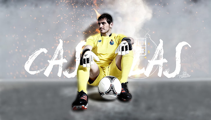 Herren gelbes Trikot und Fußball, Casillas, FC Porto, Real Madrid, HD-Hintergrundbild