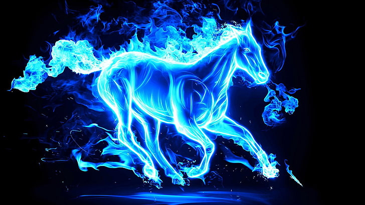 син кон, електрическо синьо, синя светлина, тъмнина, кон, дигитално изкуство, пламък, дим, графика, неон, пегас, HD тапет