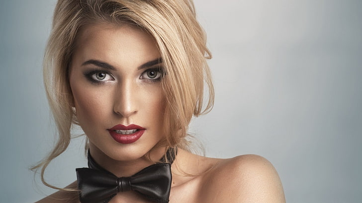 women, model, blonde, long hair, face, portrait, bow-tie, open mouth, simple background, bare shoulders, looking at viewer, red lipstick, makeup, HD wallpaper