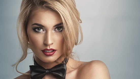 women, model, blonde, long hair, face, portrait, bow-tie, open mouth, simple background, bare shoulders, looking at viewer, red lipstick, makeup, HD wallpaper HD wallpaper