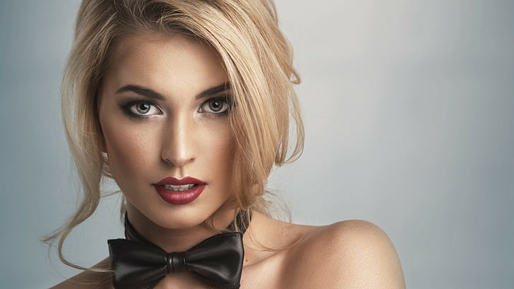 women, red lipstick, bow-tie, open mouth, looking at viewer, bare shoulders, model, face, long hair, simple background, blonde, makeup, portrait, HD wallpaper