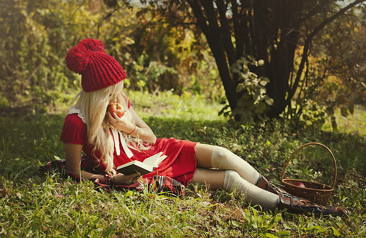 women's red knitted hat, girl, nature, basket, Apple, little red riding hood, shoes, blonde, lies, book, legs, beauty, reads, eats, in a red dress, HD wallpaper