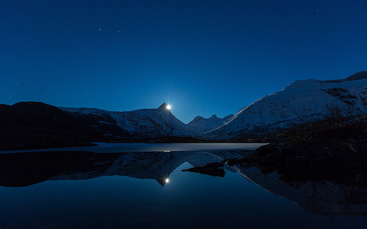 cuerpo de agua, paisaje, noche, luna, agua, montañas, reflejo, Fondo de pantalla HD