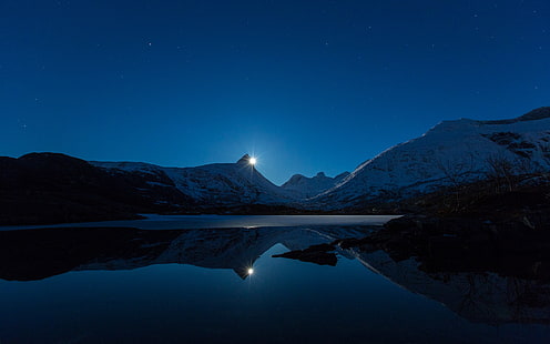 جسم مائي ، منظر طبيعي ، ليل ، قمر ، ماء ، جبال ، انعكاس، خلفية HD HD wallpaper