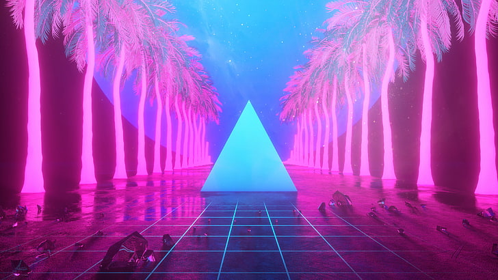abstract, pyramid, Retro style, reflection, palm trees, stars, vaporwave, post post-modernism, cyan, pink, HD wallpaper