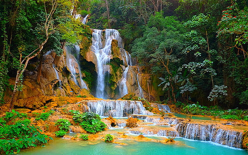 Kuang Si Falls eller Tat Kuang Si Waterfalls In Laos Crag Ultra Hd Bakgrundsbilder för mobil bärbar dator och surfplatta 3840 × 2400, HD tapet HD wallpaper