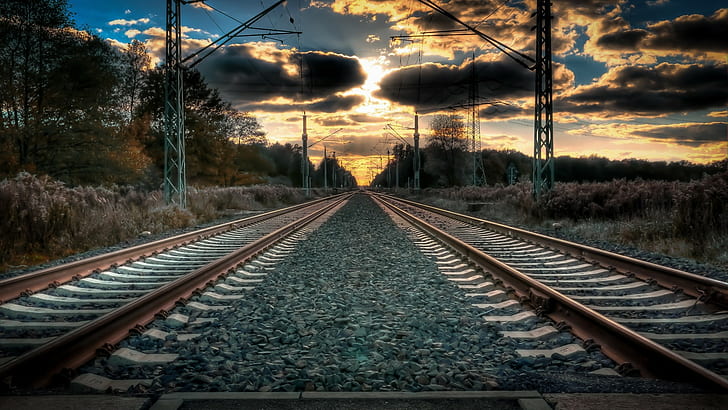 chemin de fer, coucher de soleil, Allemagne, Fond d'écran HD