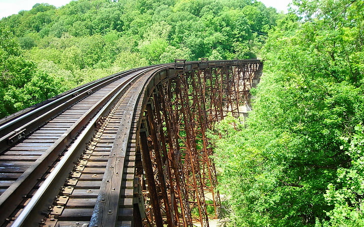 черный и коричневый металлический каркас, мост, железная дорога, пейзаж, заброшенный, HD обои