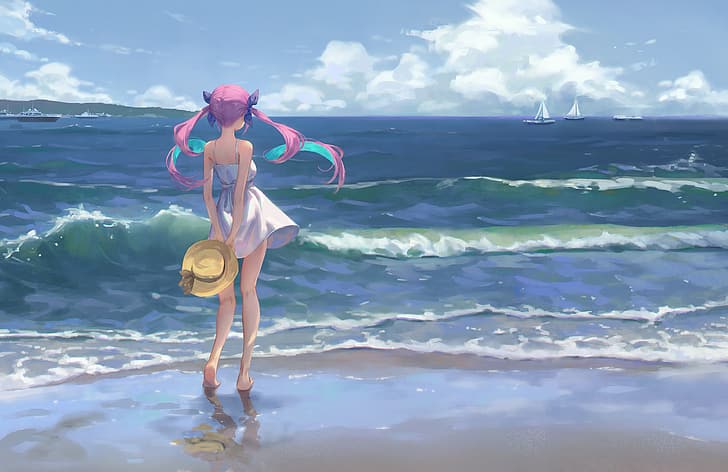 애니메이션 소녀, 드레스, 바람, 파도, 해변, HD 배경 화면