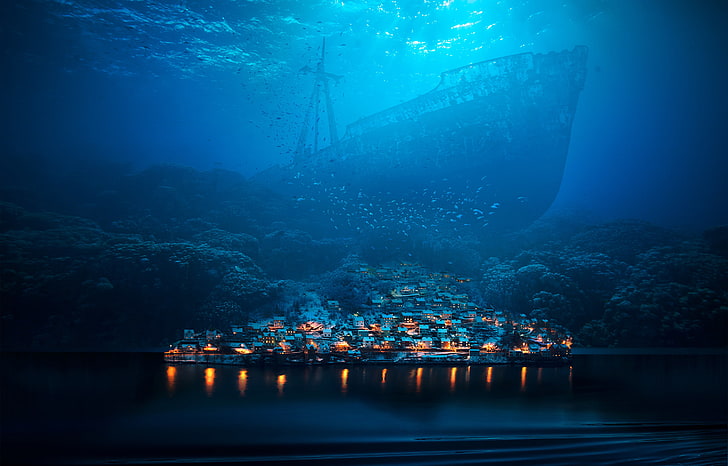 Unterwasser, Abgrund, Stadt, Fische, Digital Art, HD-Hintergrundbild