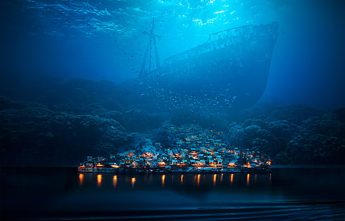 Под вода, Бездна, Град, Риби, Дигитално изкуство, HD тапет HD wallpaper