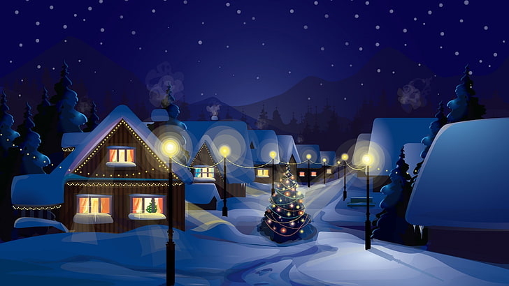 ilustracja brązowego drewnianego domu, Boże Narodzenie, wioska, choinka, śnieg, drzewa, dom, latarnia uliczna, Tapety HD