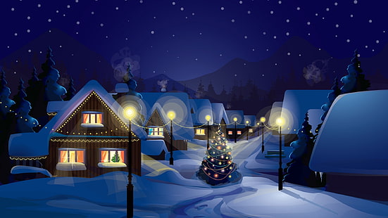 ilustração de lote de casa de madeira marrom, natal, vila, árvore de natal, neve, árvores, casa, luz de rua, HD papel de parede HD wallpaper