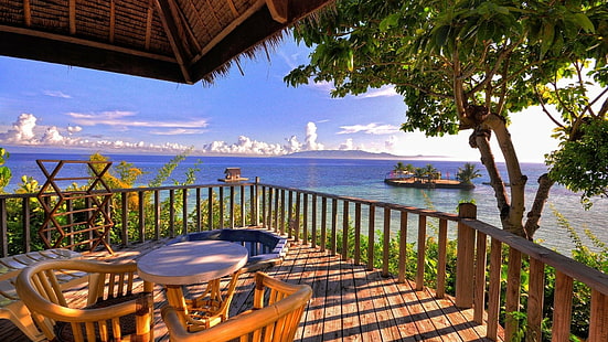Ocean, plaża, balkon, widok, horyzont, wypoczynek, Tapety HD HD wallpaper
