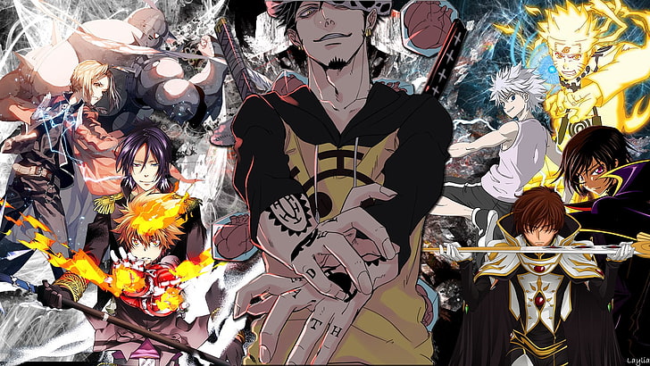 Anime, Crossover, Alphonse Elric, Edward Elric, Killua Zoldyck, Lelouch Lamperouge, Naruto Uzumaki, Trafalgar Law, Tsunayoshi Sawada, HD wallpaper