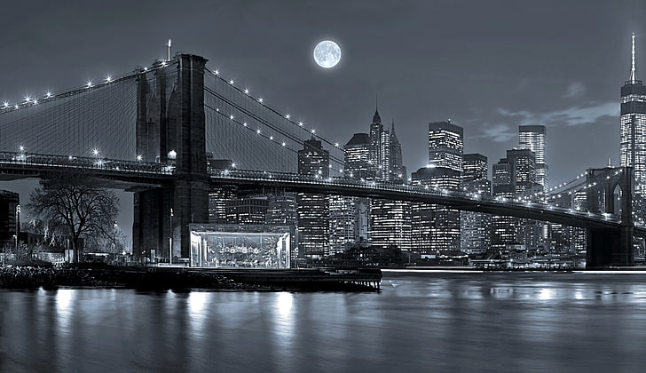 Ponte de Brooklyn, Nova York, o céu, noite, ponte, luzes, rio, a lua, casa, Nova York, arranha-céus, preto e branco, EUA, passeio, Manhattan, HD papel de parede