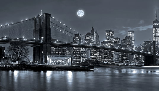 Бруклинский мост, Нью-Йорк, небо, ночь, мост, огни, река, луна, дома, Нью-Йорк, небоскребы, черно-белое, США, набережная, Манхэттен, HD обои HD wallpaper