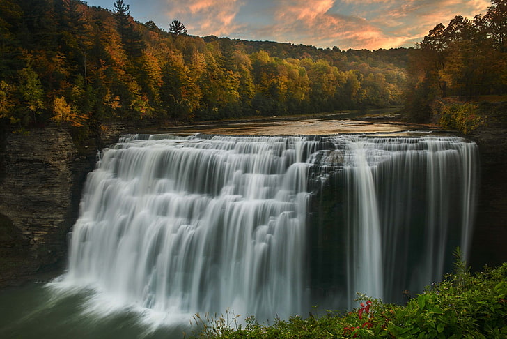 водопады, водопад, деревья, осень, пейзаж, природа, Летчворт, штат Нью-Йорк, HD обои
