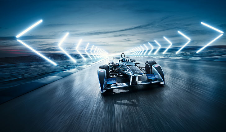 青いレーシングカー、フォーミュラEレーシングカー、ジュリアスベア、FIAフォーミュラEチャンピオンシップ、HDのタイムラプス写真、 HDデスクトップの壁紙