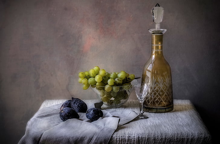 grapes, vase, still life, glass, decanter, figs, HD wallpaper
