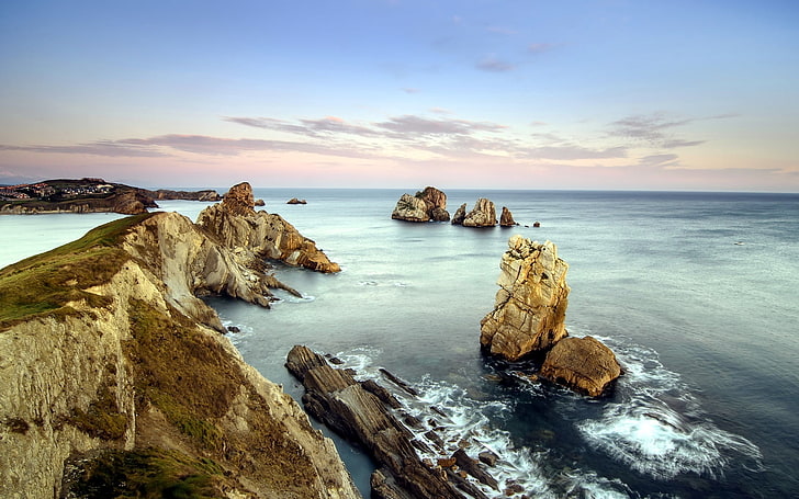 brown rock formations, rocks, coast, sea, day, cloudy, HD wallpaper