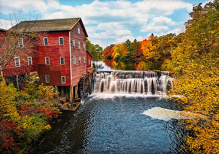 осень, лес, река, США, водяная мельница, начало, ноябрь, Висконсин, HD обои HD wallpaper