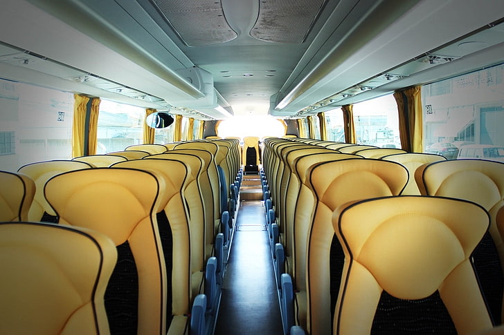 Wewnątrz autobusu, siedzenia, żółty, podróż, transport, autobus, Tapety HD