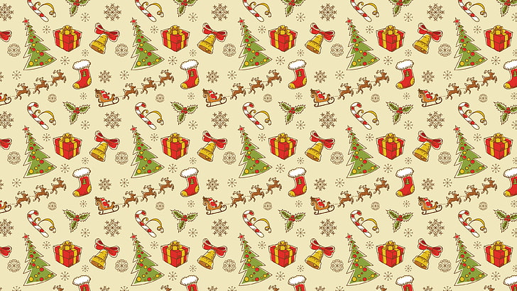 brown, red, and green Christmas-themed wallpaper, new year, Christmas, gifts, lollipops, tree, deer, HD wallpaper