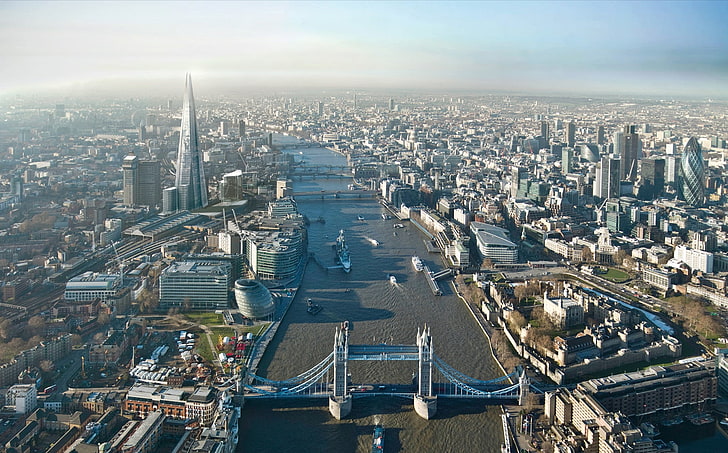 szaro-beżowy most, londyn, wysokość, budynki, niebo, wieżowce, Tapety HD