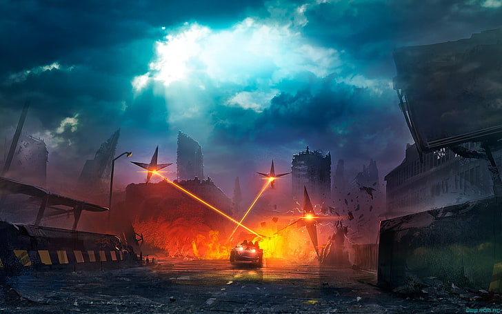 apocalyptique, futuriste, lasers, route, voiture, Fond d'écran HD