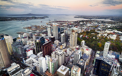 Auckland, Nouvelle-Zélande, ville, rue, bâtiments, côte, Auckland, Nouvelle-Zélande, ville, rue, bâtiments, Côte, Fond d'écran HD HD wallpaper
