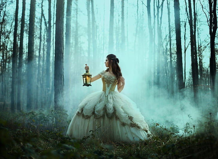 floresta, garota, a situação, vestido, lanterna, Bella Kotak, HD papel de parede