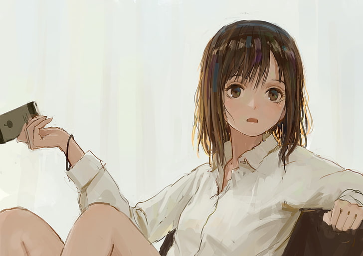anime, anime girls, phone, white shirt, HD wallpaper